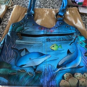 GORGEOUS LARGE ANUSHKA MARINE LIFE BAG IN BLUE & GREEN SOFT LEATHER - NEW